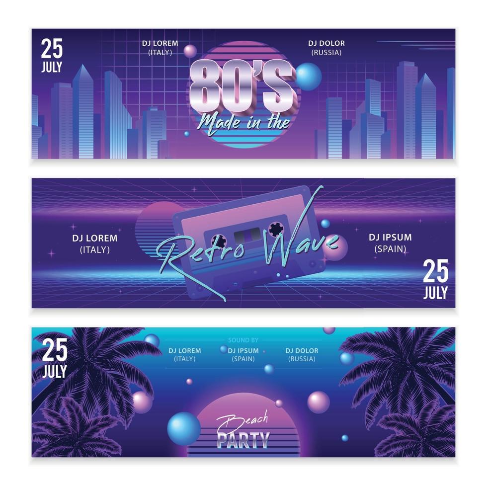 retrowave horizontale banners set vector