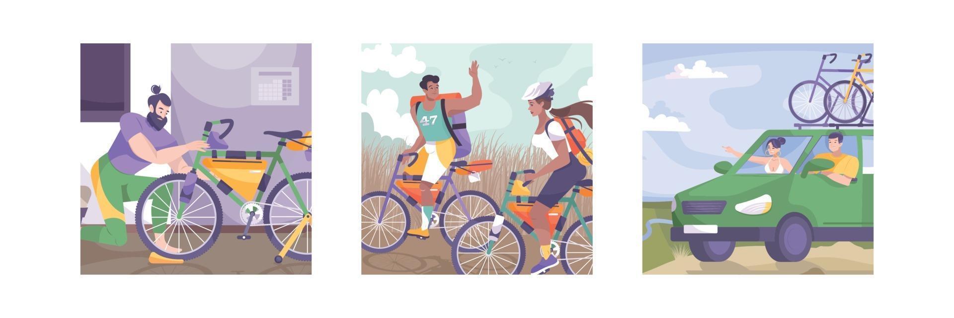 drie platte fietstoerisme illustratie set vector