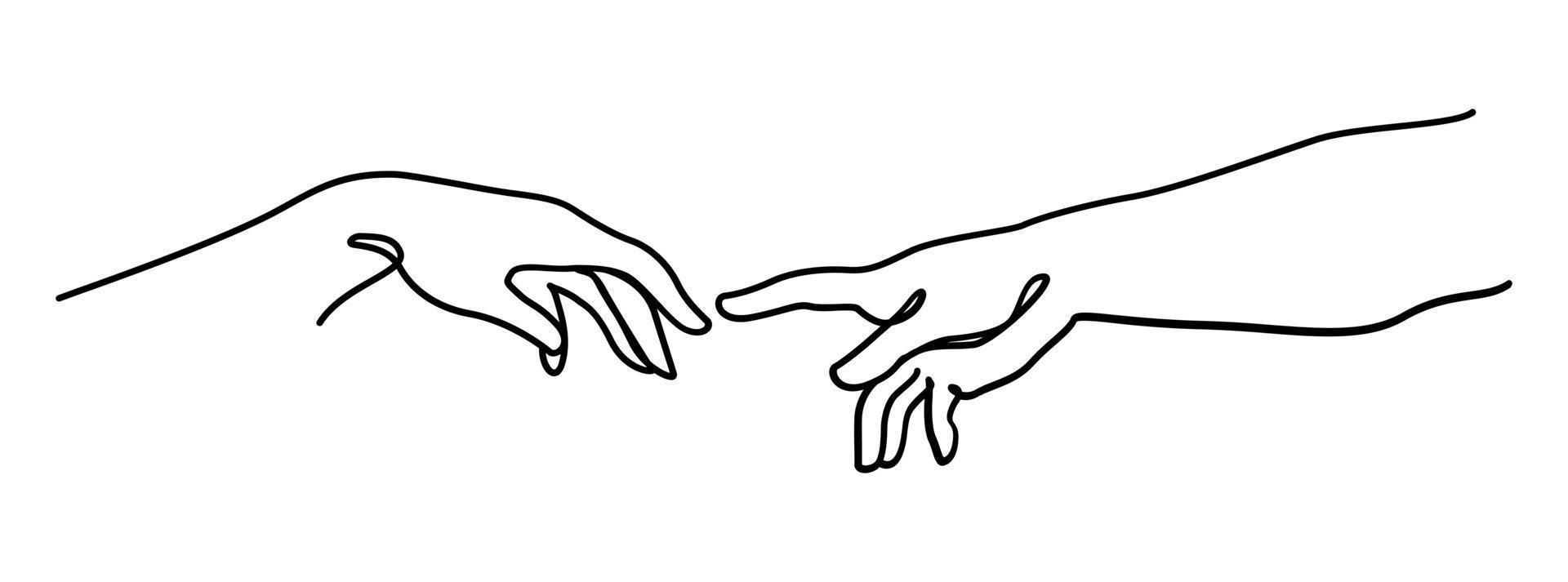 twee hand adam en god continue lijn kunst vector