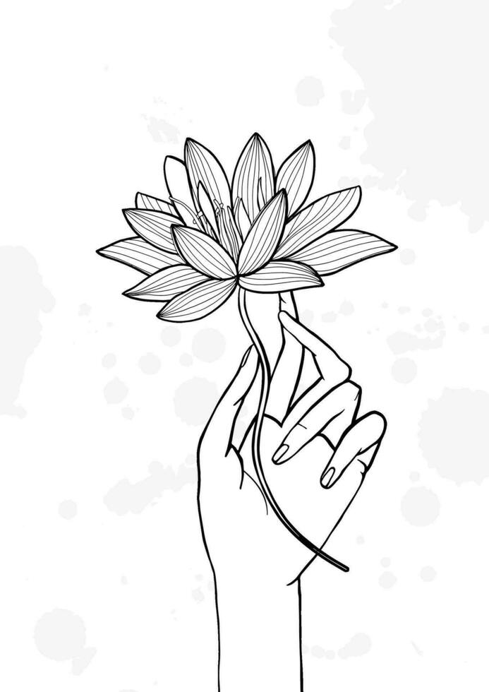 hand- Holding lotus bloem. contour hand- getrokken illustratie. yoga, meditatie, ontwaken symbool. vector