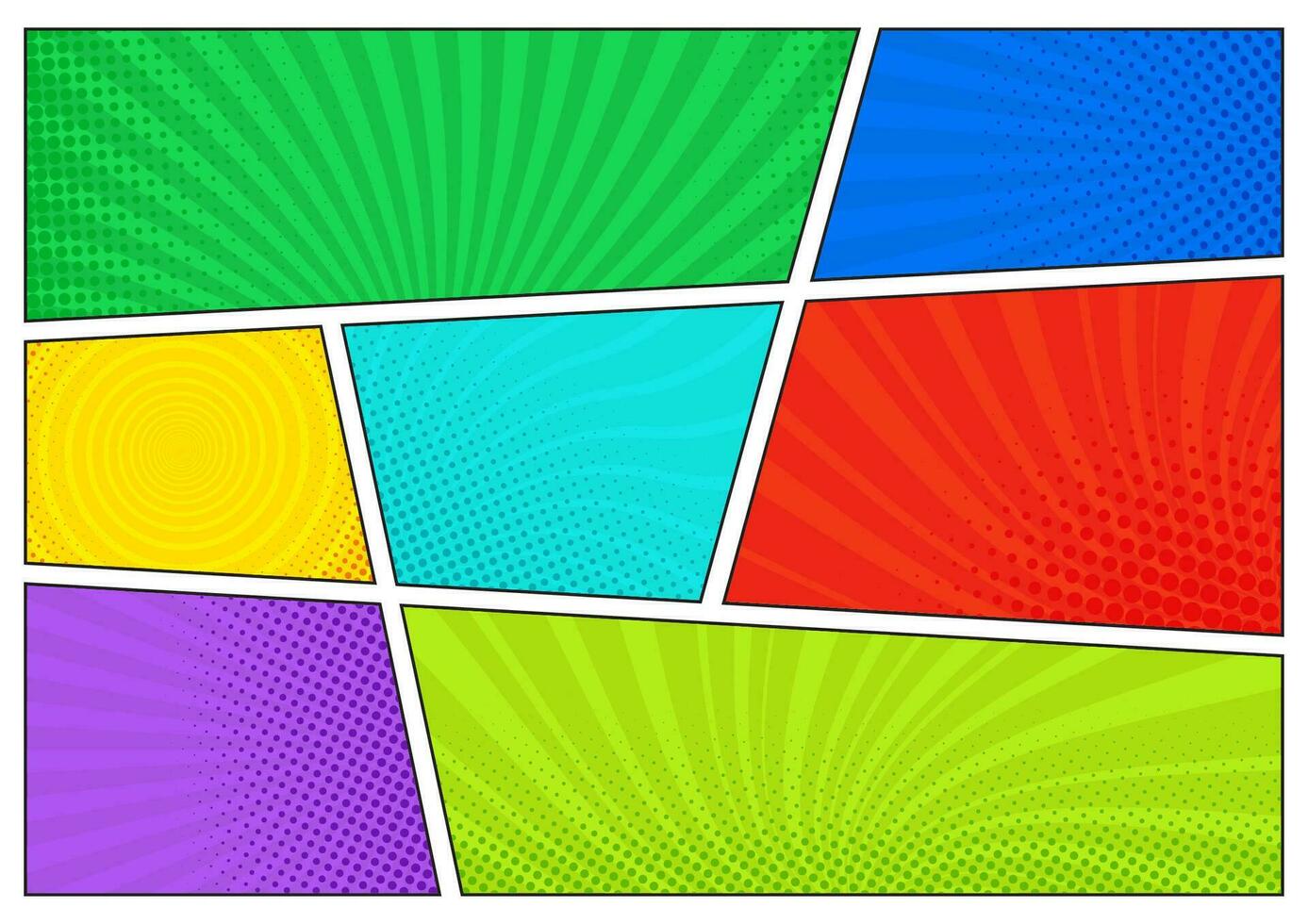 horizontaal comics achtergrond. helder sjabloon met cellen, halftone Effecten en stralen. vector kleurrijk achtergrond in pop-art stijl.