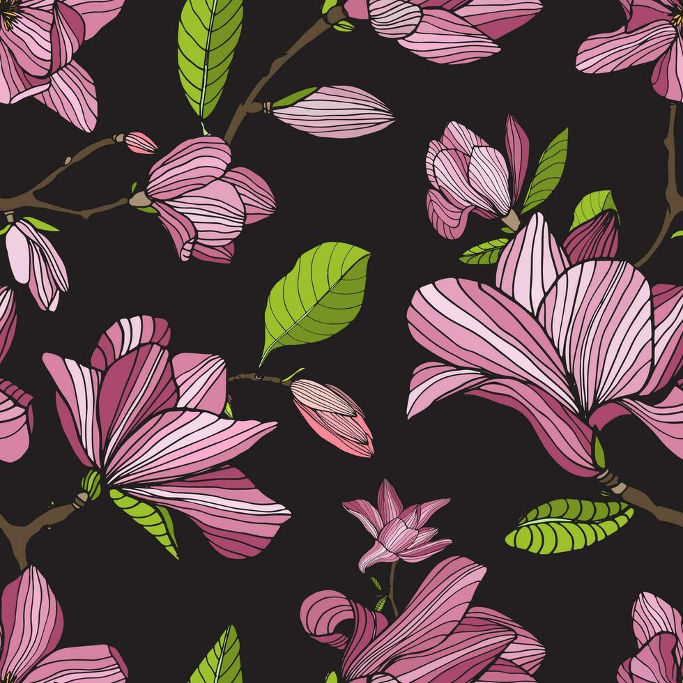 bloeiend magnolia, roze kleur Aan donker achtergrond. hand- getrokken kleurrijk naadloos patroon met bloeiend bloemen. vector behang.