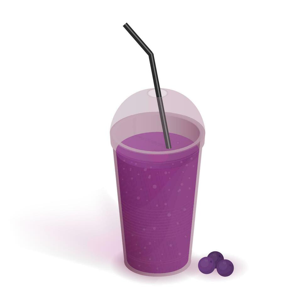 drinken in transparant plastic kop met deksel en rietje. smoothie met bosbes. drank, realistisch vector illustratie Aan wit achtergrond.