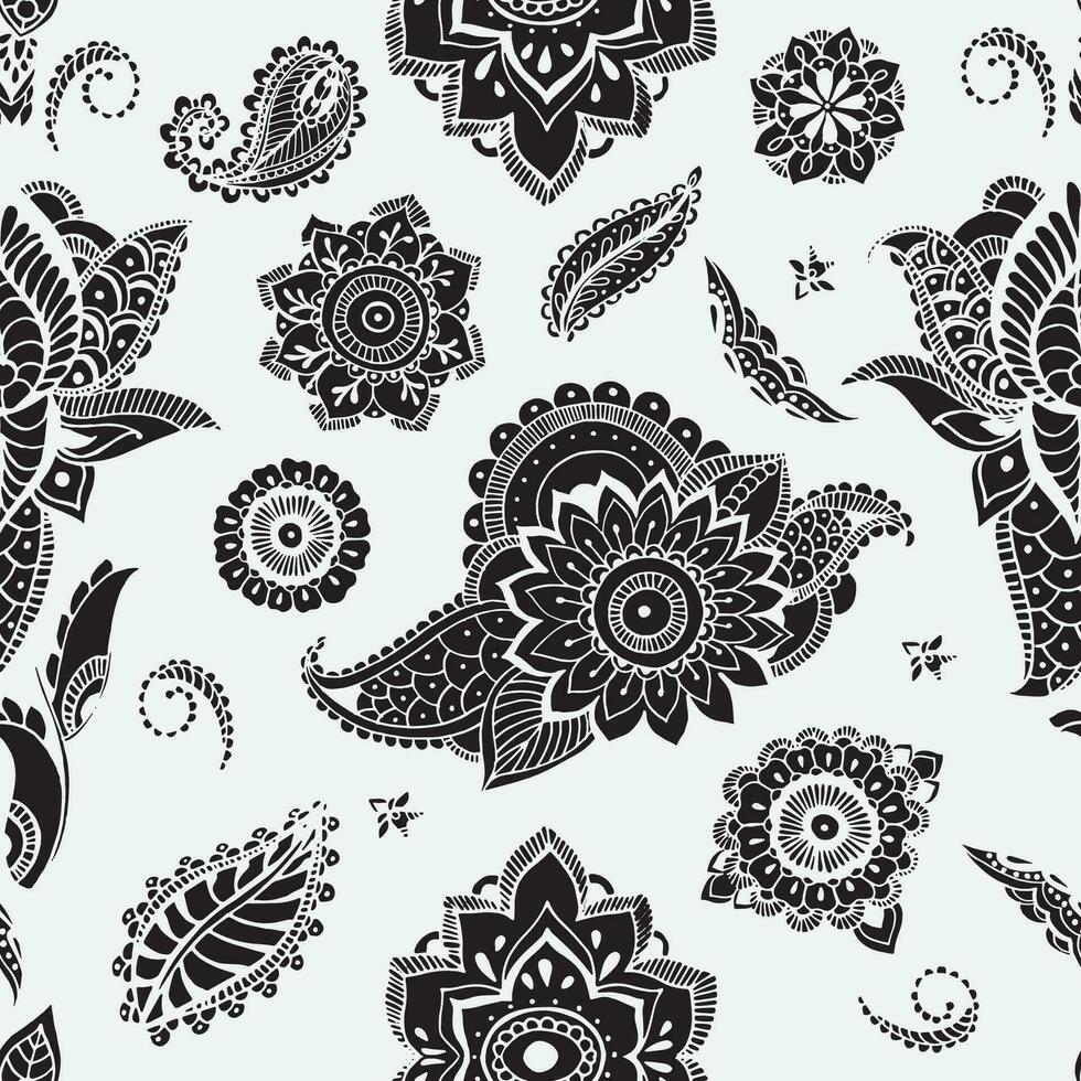 naadloos patroon met mehndi elementen. bloemen behang met gestileerde bloemen, bladeren, Indisch paisley. vector zwart en wit monochroom achtergrond.