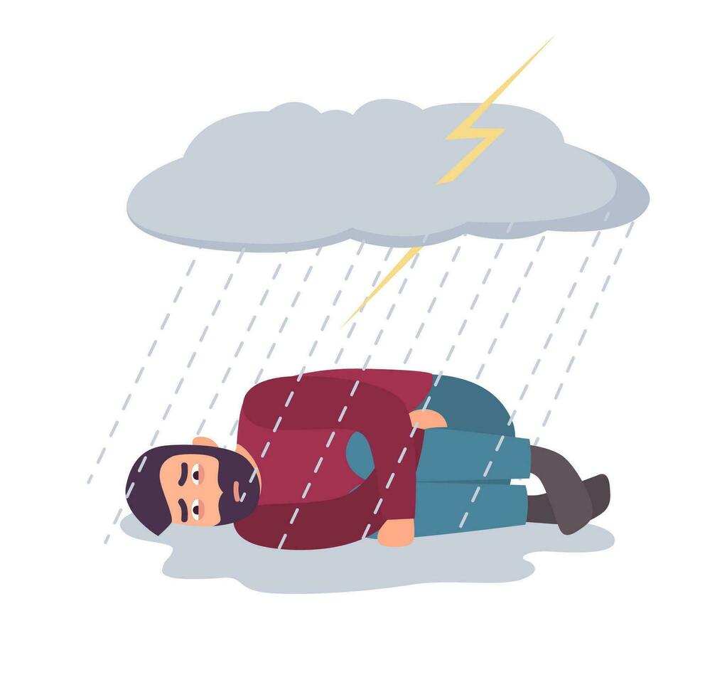 Mens in depressie concept. verdrietig en depressief vent onder storm wolk en regen. vector