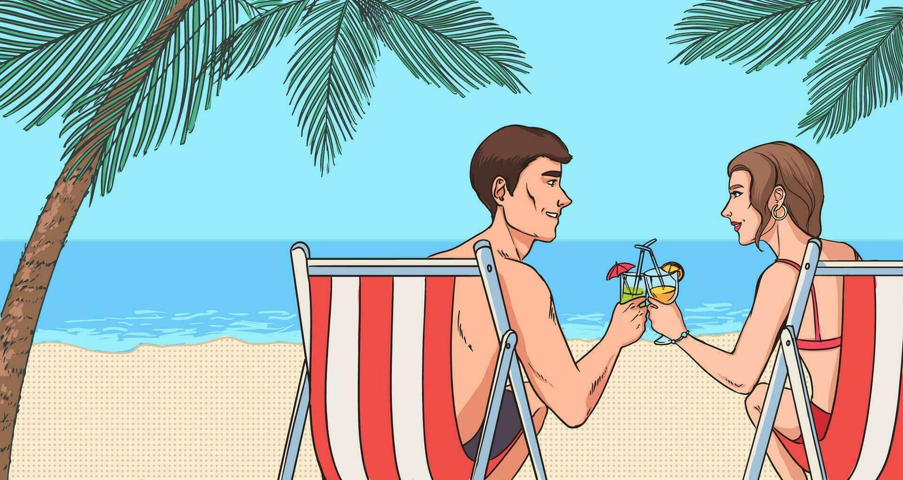 concept van ontspannende Aan strand. jong paar in liefde drinken cocktails. mooi vent en meisje in de buurt zee in zon ligstoelen. horizontaal kleurrijk vector illustratie in comics knal kunst stijl.