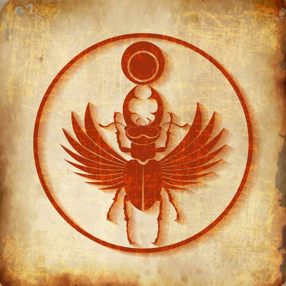 oude Egyptische heilig scarabee hert kever hoorns met Vleugels. rood logo silhouet vector insect geïsoleerd Aan perkament achtergrond. symbool van de oud Egyptenaren van de god van de zon in cirkel vorm