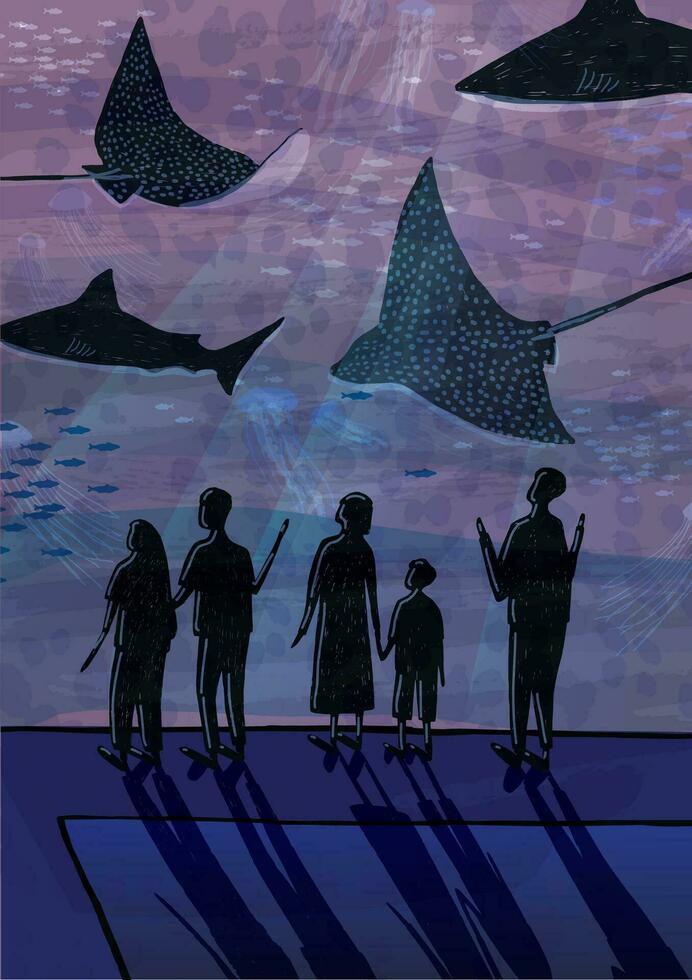 mensen in oceanarium. koppels, mensen met kinderen aan het kijken vis, haaien, marinier dieren. hand- getrokken kleurrijk illustratie. vector