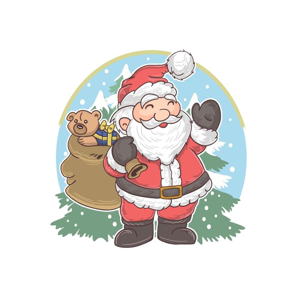 happy santa claus draagt een cadeauzakje gevuld met poppen en cadeau vector