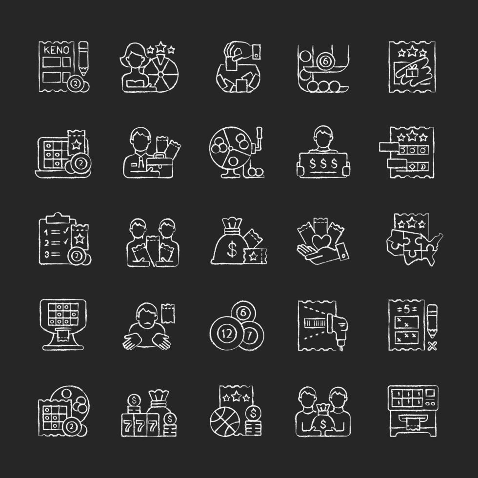loterij typen krijt witte pictogrammen ingesteld op donkere achtergrond vector