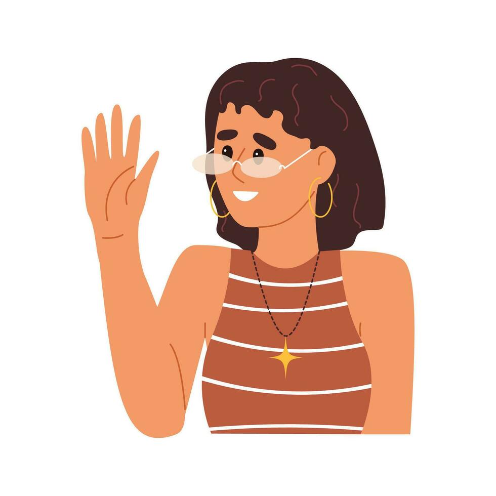 gelukkig meisje groet, golvend met hand, gebaren Hoi vijf. glimlachen tiener meisje uitnodigend gastvrij smb. modieus jong vrouw met eyewear en modern sieraden. vlak vector illustratie