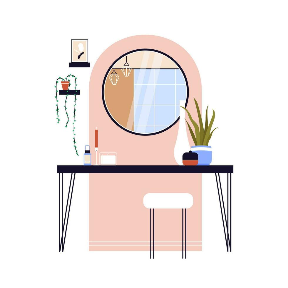 modern gang met geschilderd muur boog, ronde spiegel, troosten tafel, kaarsen en kamerplanten. zolder stijl interieur ontwerp. vlak vector illustratie geïsoleerd Aan wit achtergrond