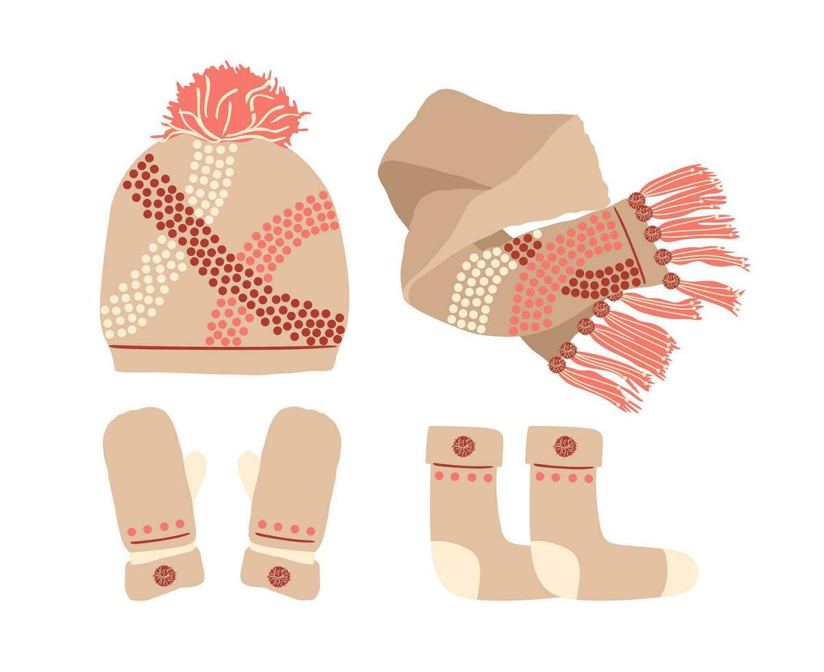 beige hoed met een POM Pom, sjaal, sokken en vuisthandschoen reeks gebreid seizoensgebonden winter traditioneel accessoires met ornament vector