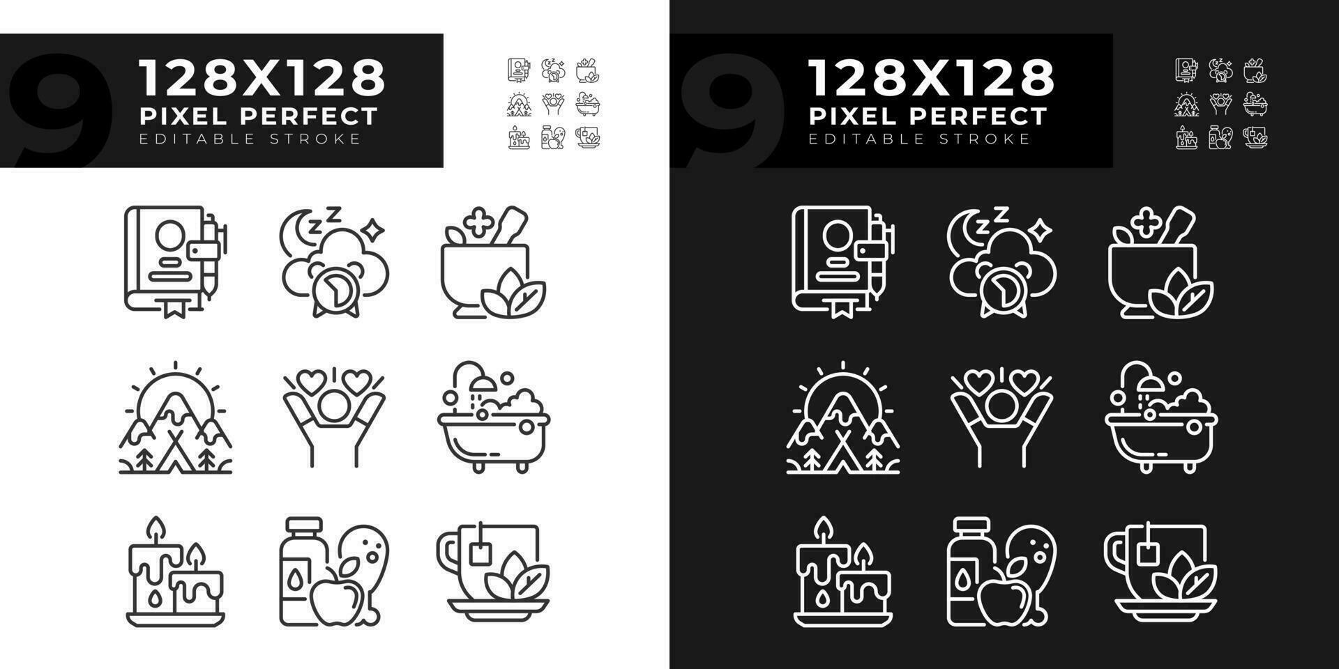 2d pixel perfect licht en donker mode pictogrammen reeks vertegenwoordigen meditatie, bewerkbare dun lijn welzijn illustratie. vector