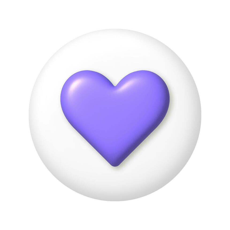 Purper liefde hart icoon Aan wit ronde knop. 3d vector illustratie.