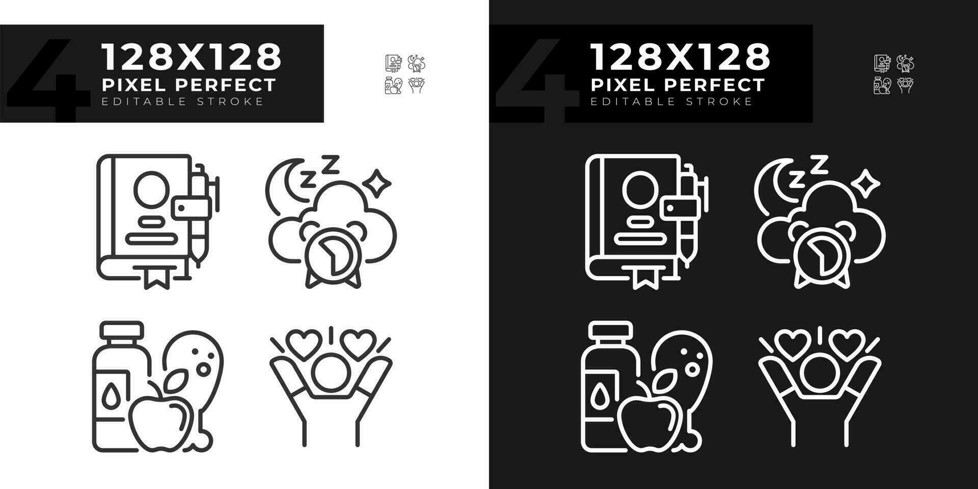 2d pixel perfect licht en donker mode pictogrammen reeks vertegenwoordigen meditatie, bewerkbare dun lineair welzijn illustratie. vector