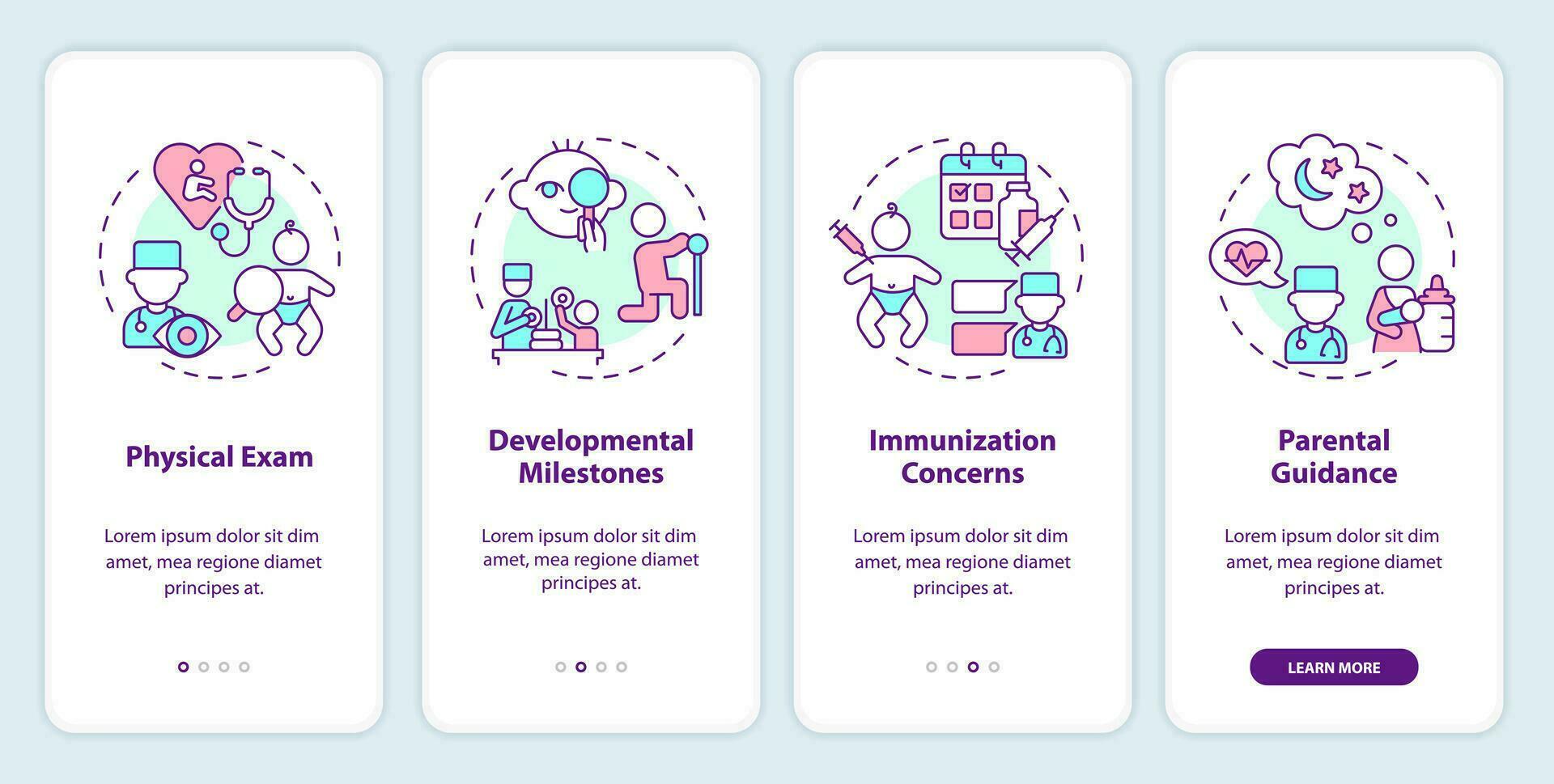 baby dokter afspraak onboarding mobiel app scherm. kind ontwikkeling walkthrough 4 stappen bewerkbare grafisch instructies met lineair concepten. ux, gui sjabloon vector