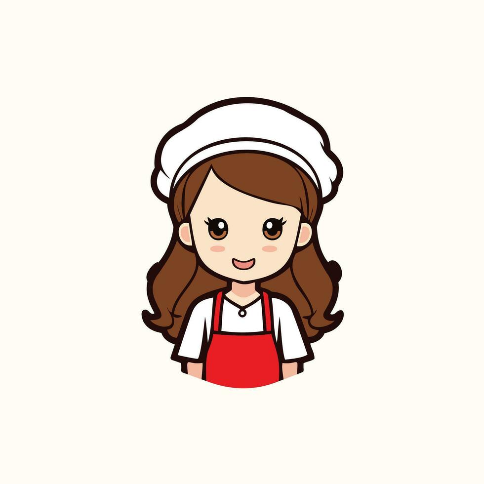 schattig en blij chef een tekenfilm vector van chef vrouw met een wit hoed en uniform