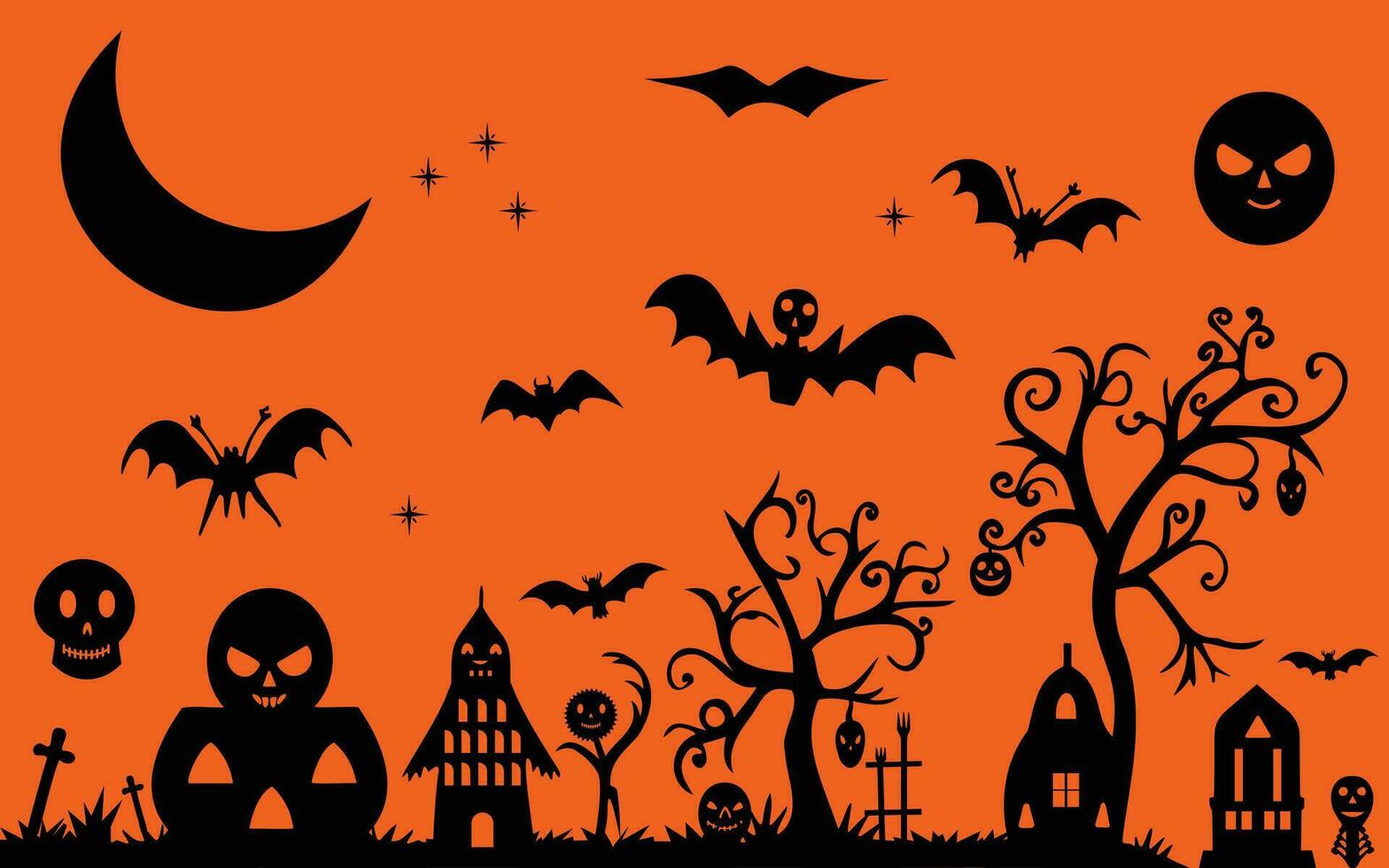 verzameling van gelukkig halloween silhouetten, pompoen, knuppel, bomen vector