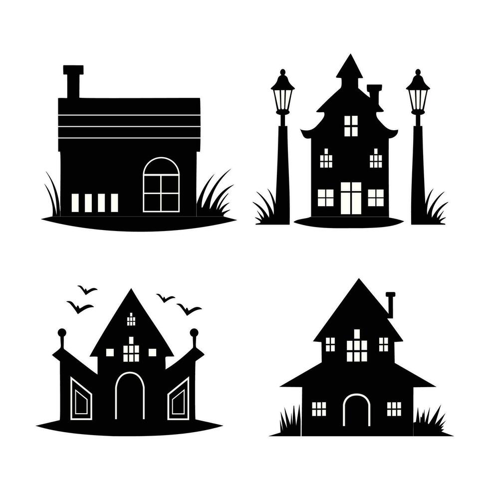reeks van zwart silhouet kasteel horizon met kapel huizen bomen en vleermuizen zwart en wit vector