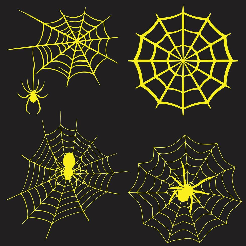 spin web reeks geïsoleerd Aan donker achtergrond. spookachtig halloween spinnenwebben met spinnen. schets vector illustratie