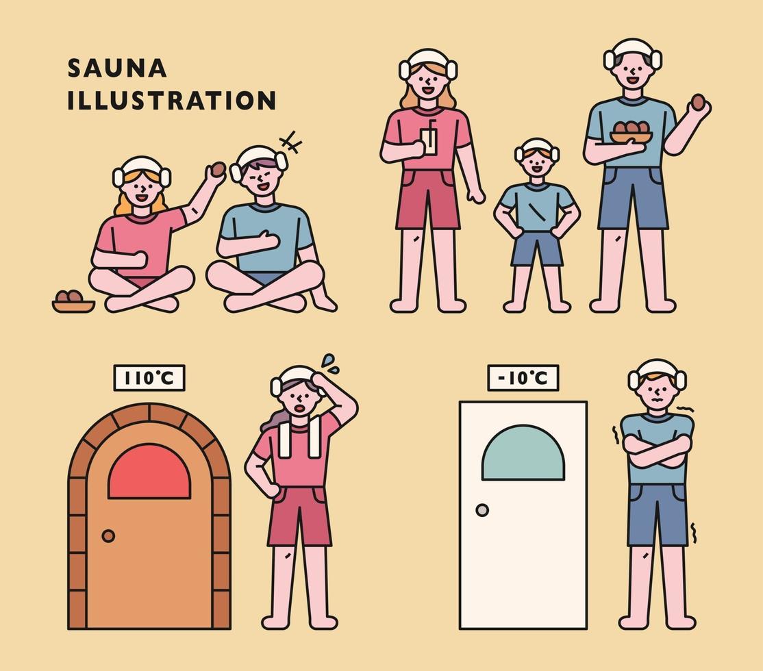 mensen die van Koreaanse sauna's houden. vector