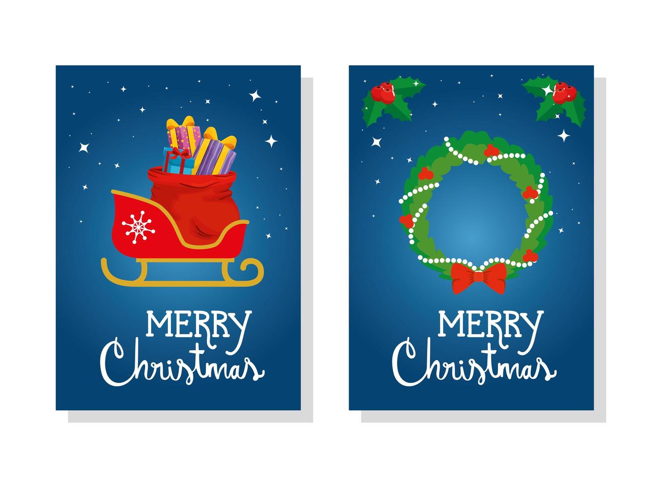 set poster van vrolijk kerstfeest met slee en kroondecoratie vector