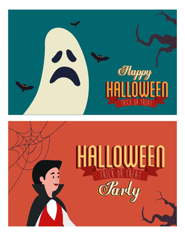 set poster van feest halloween met man vermomd en spook vector