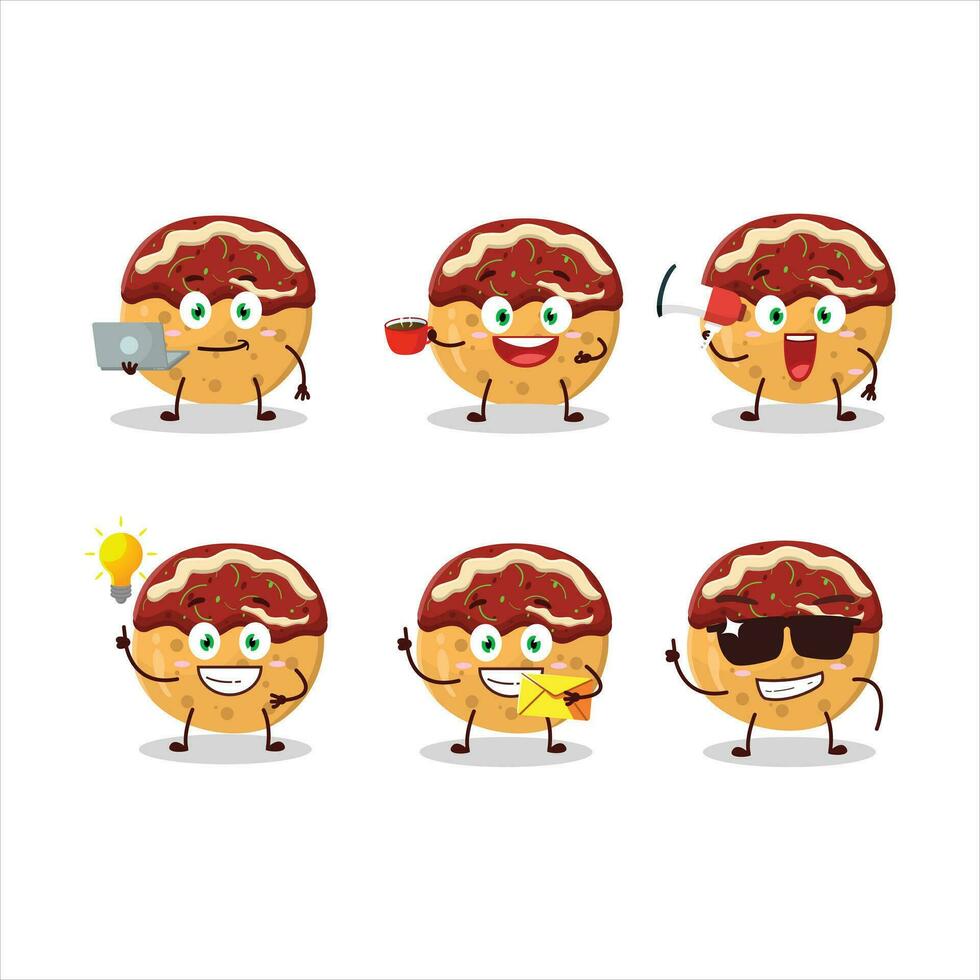 takoyaki tekenfilm karakter met divers types van bedrijf emoticons vector