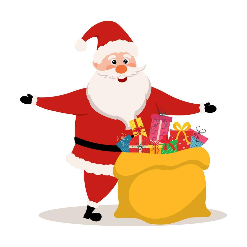 de kerstman claus is komt eraan met een groot zak van geschenken. vector illustratie.