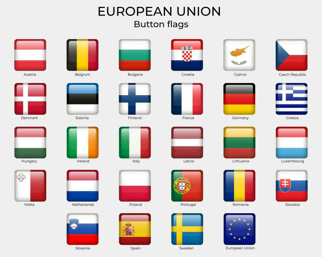 Europese unie 3d plein vlaggen. knop EU vlaggen. reeks van plein vlaggen. europa vlaggen, pictogrammen. vector