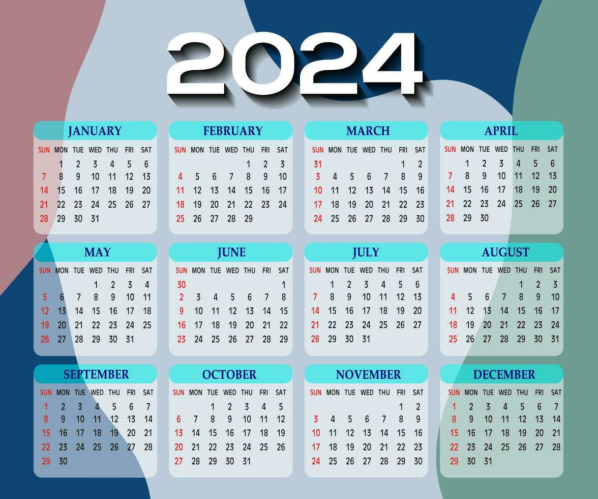2024 een bladzijde muur kalender ontwerp sjabloon, modern 12 maanden een bladzijde kalender. modern muur kalender ontwerp 2024. afdrukken klaar een bladzijde muur kalender sjabloon ontwerp voor 2024. week begint Aan zondag. vector