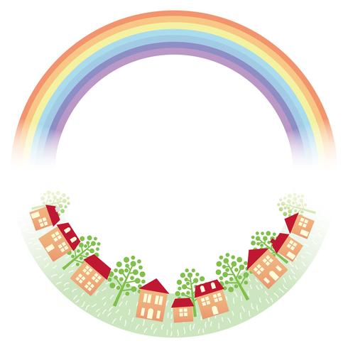 Cirkelkader met de regenboog en het stadsbeeld. vector