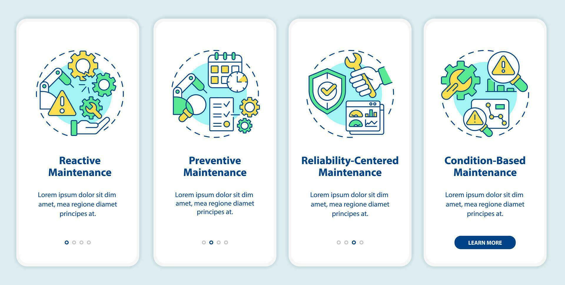 2d pictogrammen vertegenwoordigen voorspellend onderhoud mobiel app scherm set. walkthrough 4 stappen veelkleurig grafisch instructies met lineair pictogrammen concept, ui, ux, gui sjabloon. vector