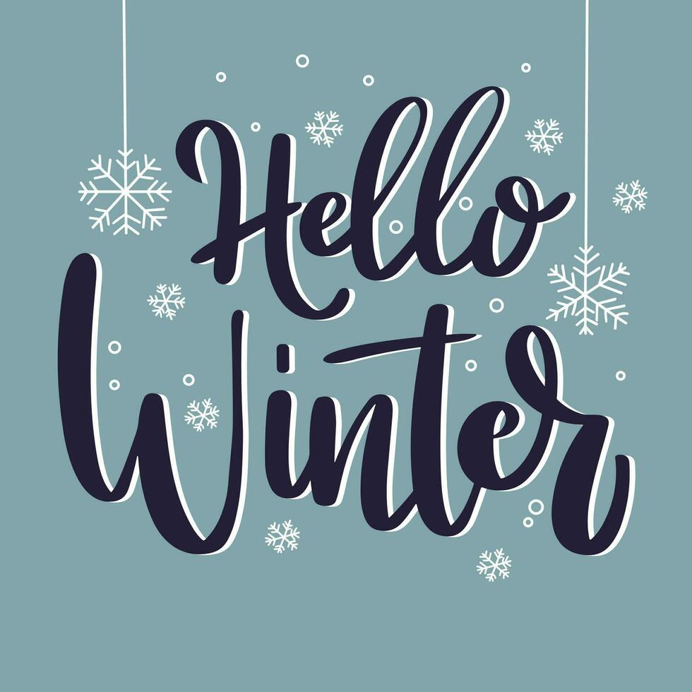 Hallo winter handschrift tekst. Hallo winter opschrift logo en emblemen voor uitnodigingen, kaart en poster. vector illustratie. hand- getrokken vector kunst.