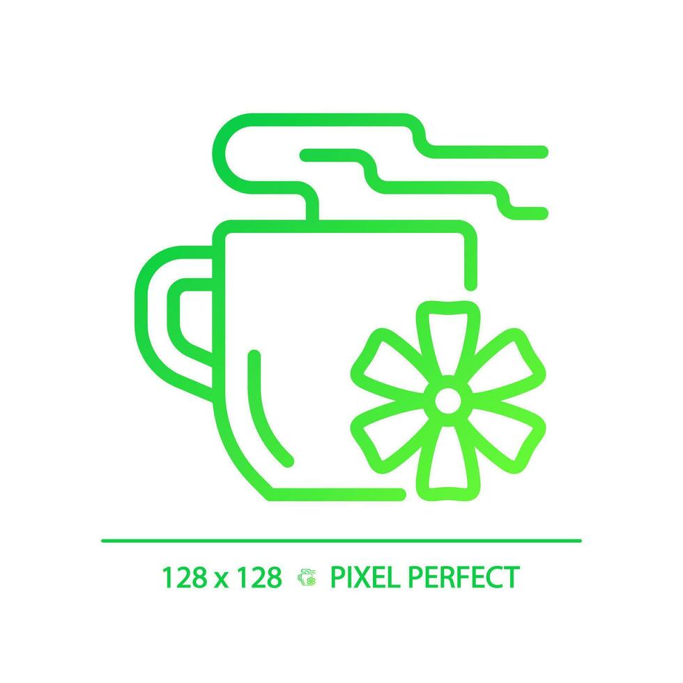 2d pixel perfect helling bloem thee icoon, geïsoleerd vector, dun lijn groen illustratie vertegenwoordigen allergeen vrij. vector