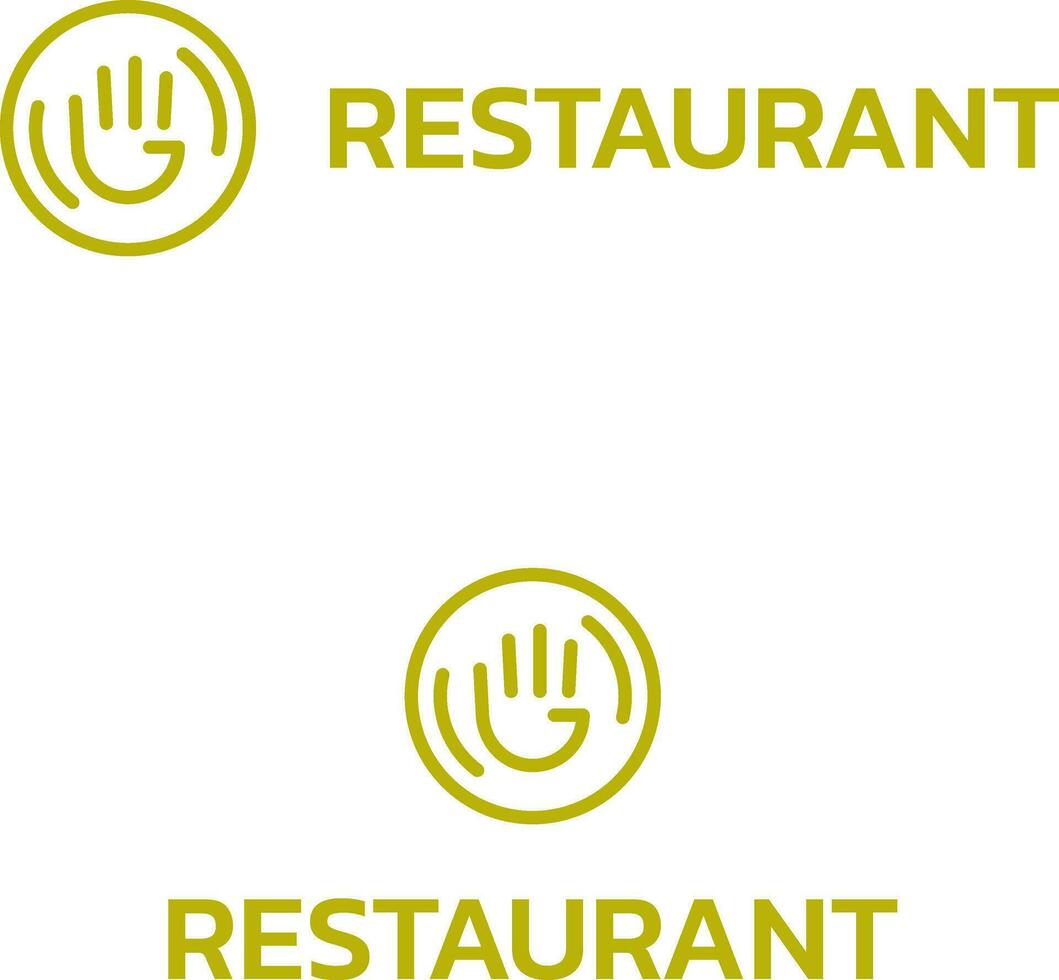 restaurant bedrijf logo met merk naam. gastvrij handen en bord icoon. goud kleur creatief ontwerp element. zichtbaar identiteit. geschikt voor voedsel ketting, bar, restaurant, eetcafe. vector