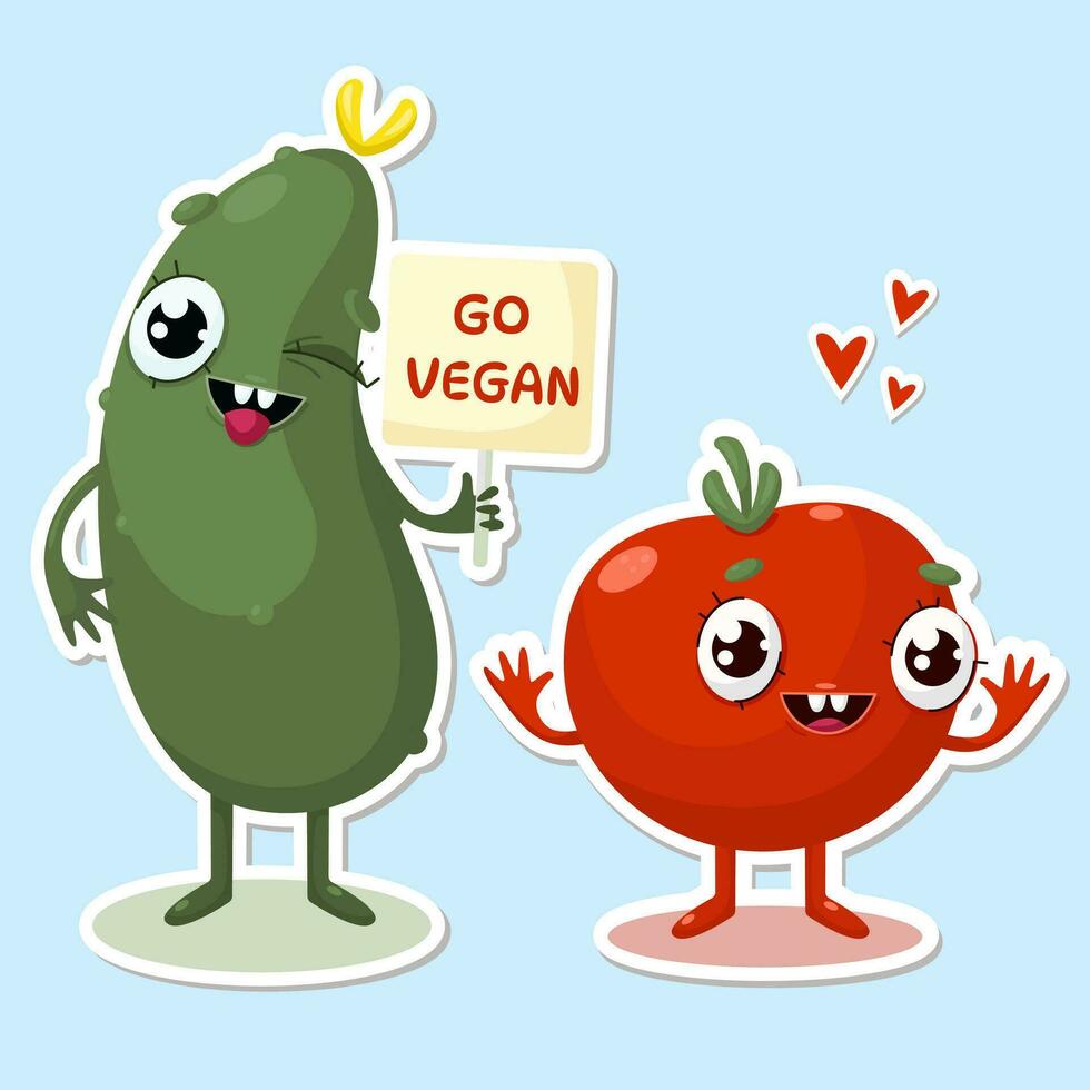 Gaan veganistisch komkommer en tomaat karakter stickers vector