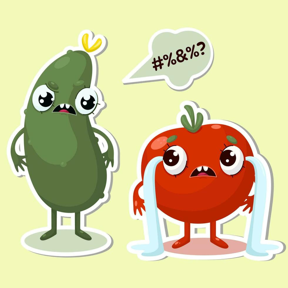 boos komkommer en huilen tomaat karakter sticker vector