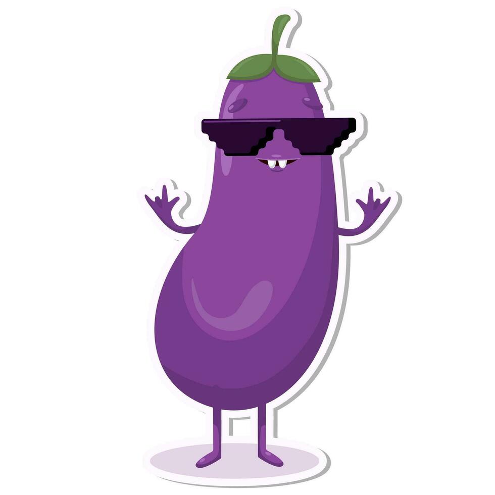 vector illustratie van aubergine karakter stickers met schattig uitdrukking, koel, grappig, aubergine geïsoleerd, tekenfilm stijl
