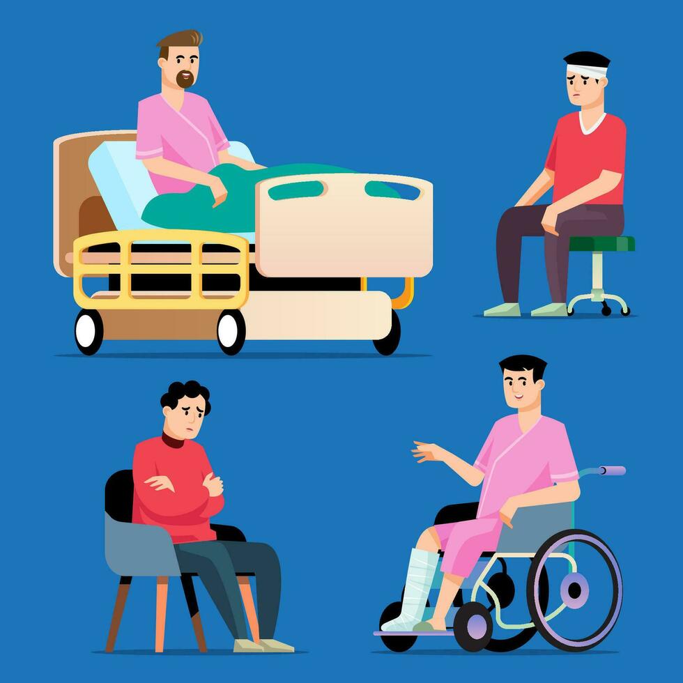 geduldig in ziekenhuis vector illustratie. tekenfilm Mens met gebroken been, gewond Mens in rolstoel en geduldig in verpleging huis geïsoleerd Aan blauw achtergrond.