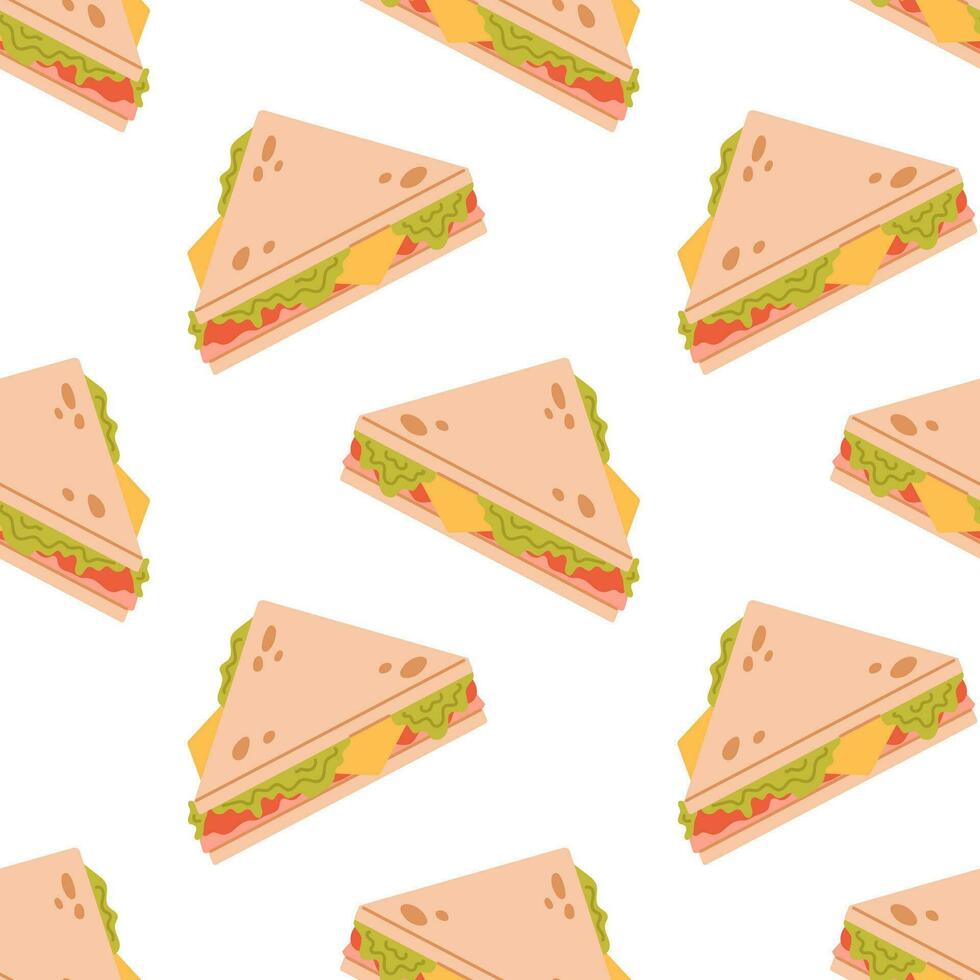 vector naadloos patroon met ham, kaas en groente Sandwich. Amerikaans snel voedsel Aan wit achtergrond. afdrukken met Sandwich. omhulsel papier ontwerp.