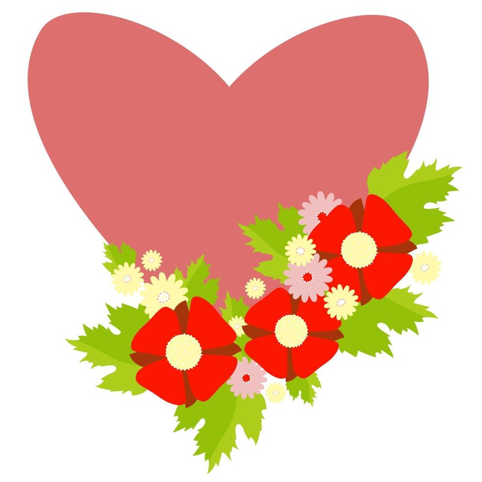 liefde symbool. hart in bloemenboeket van rode bloemen en madeliefjes vector