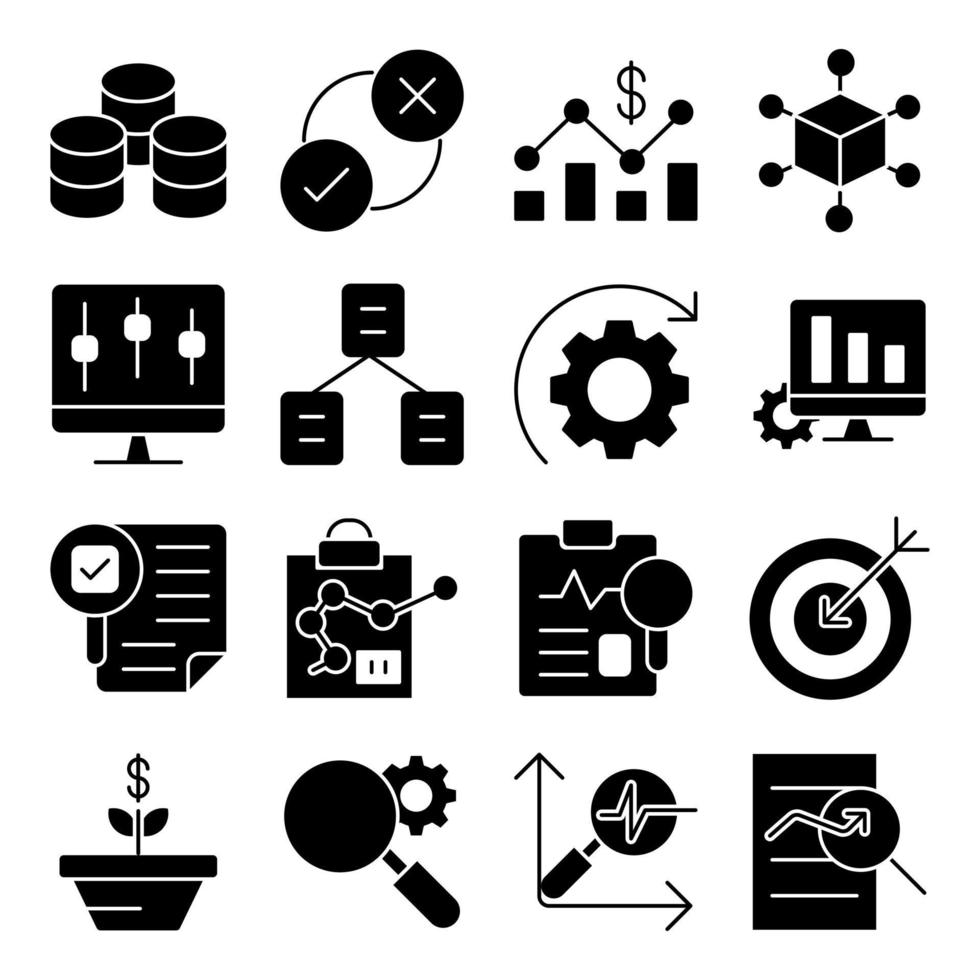 pakket met big data en infographic solide pictogrammen vector