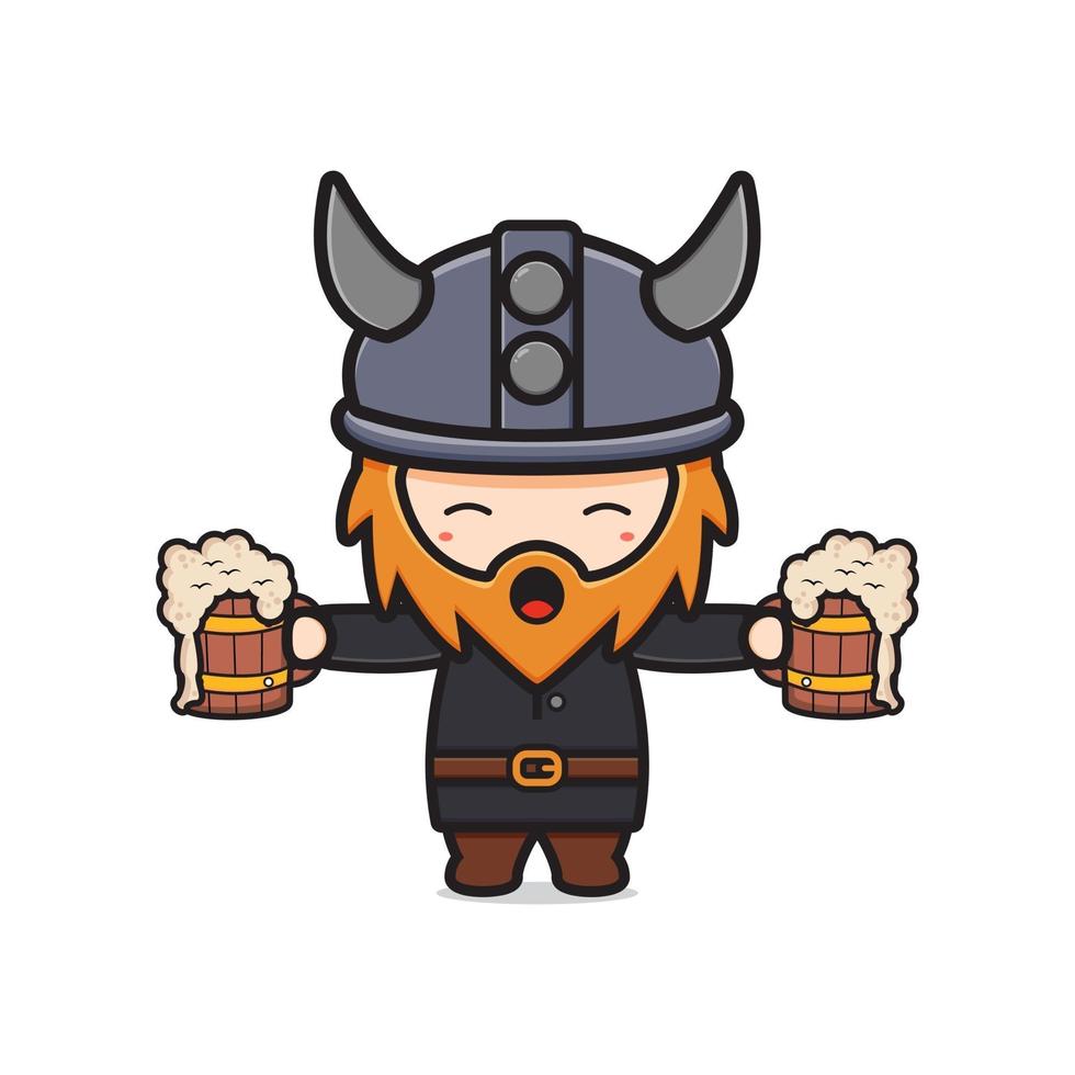 schattige viking met bier viert oktoberfest cartoonillustratie vector