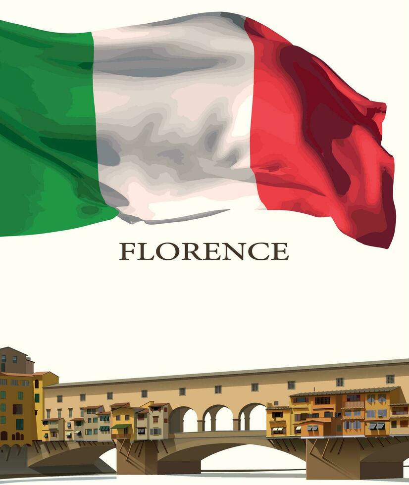 Welkom naar Florence, Ponte vecchio brug en Italië vlag. vector. vector