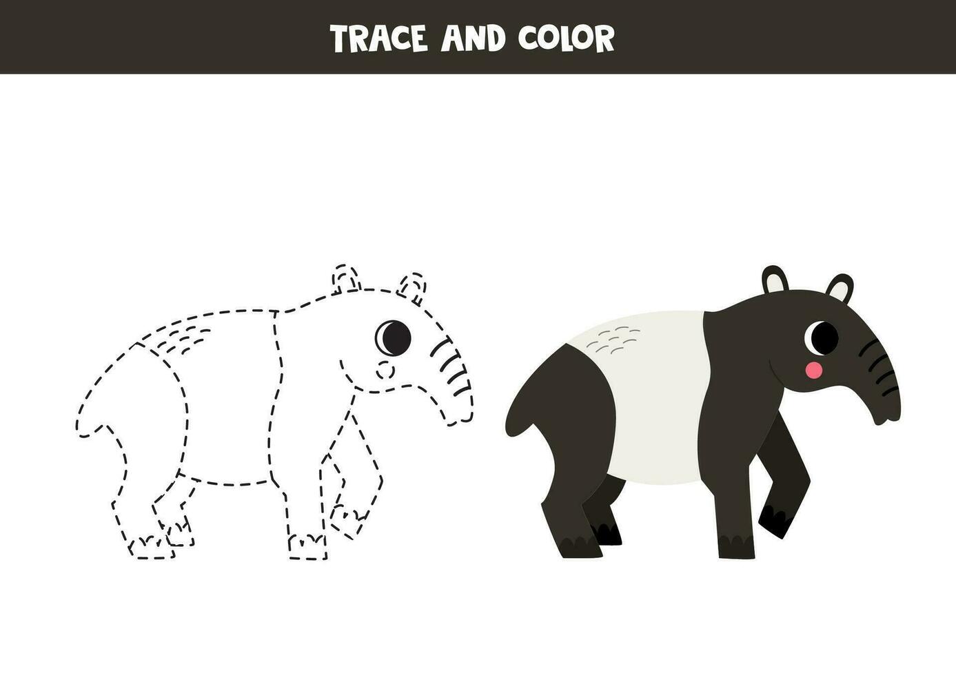 spoor en kleur tekenfilm tapir. werkblad voor kinderen. vector