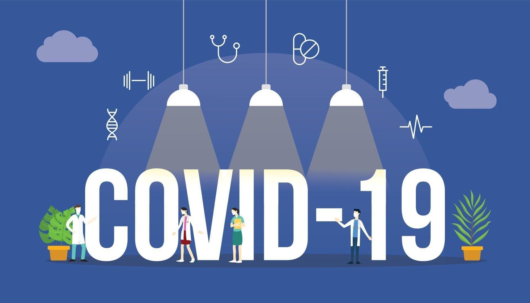 covid-19 coronavirusconcept met mensen en groot tekstwoord vector