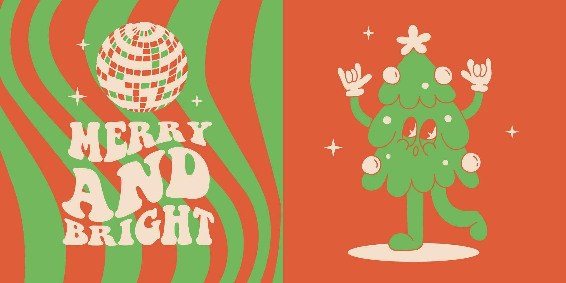 Kerstmis en nieuw jaar retro tekenfilm Kerstmis boom karakter groet kaart sjabloon met citaat - vrolijk en helder. Kerstmis boom dansen Bij een feest. vector mascotte illustratie in wijnoogst grappig stijl