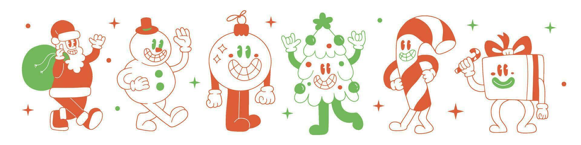 vrolijk Kerstmis retro verzameling van duotoon Jaren 40 tekenfilm mascotte karakters. snoep riet, geschenk doos, sneeuwman, Kerstmis boom, de kerstman claus, snuisterij mascottes. jaren 50, Jaren 60 oud animatie stijl. wijnoogst vector. vector